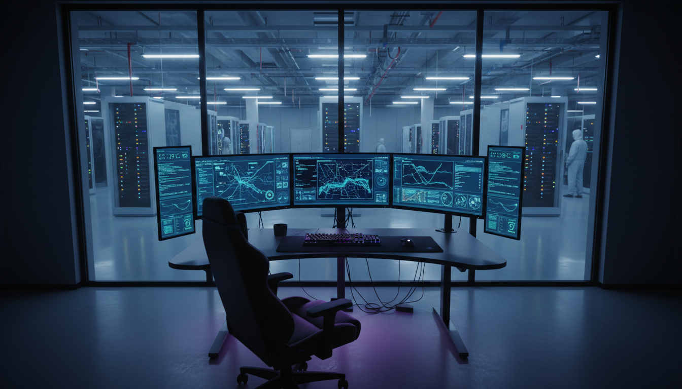 a multi-monitor computer station looking into a data center